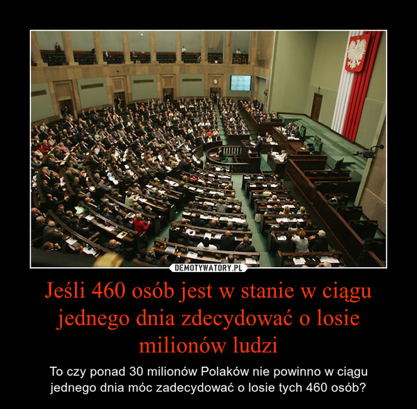 Jeśli 460 osób jest w stanie w ciągu jednego dnia zdecydować o losie milionów ludzi – To czy ponad 30 milionów Polaków nie powinno w ciągujednego dnia móc zadecydować o losie tych 460 osób? 