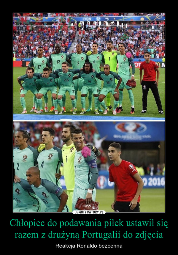 Chłopiec do podawania piłek ustawił się razem z drużyną Portugalii do zdjęcia