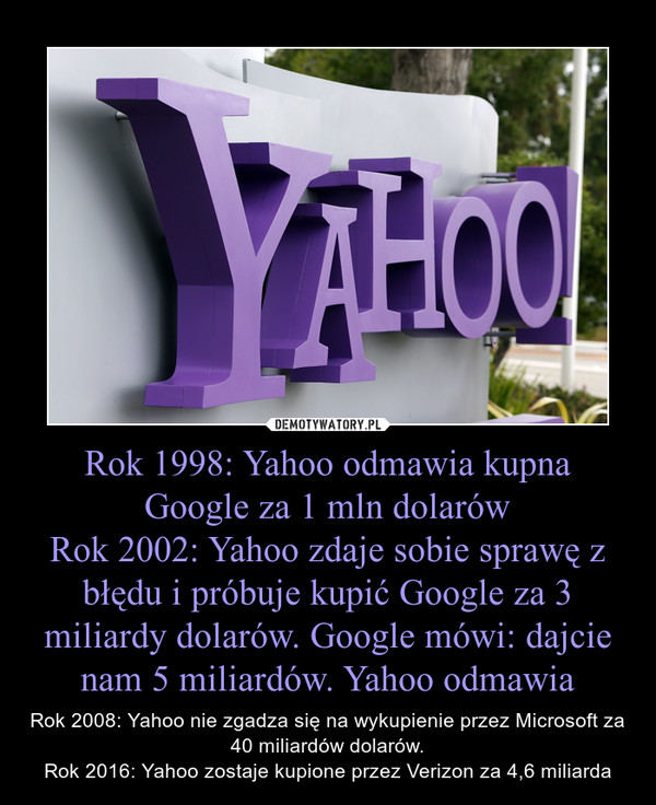 Rok 1998: Yahoo odmawia kupna Google za 1 mln dolarówRok 2002: Yahoo zdaje sobie sprawę z błędu i próbuje kupić Google za 3 miliardy dolarów. Google mówi: dajcie nam 5 miliardów. Yahoo odmawia – Rok 2008: Yahoo nie zgadza się na wykupienie przez Microsoft za 40 miliardów dolarów.Rok 2016: Yahoo zostaje kupione przez Verizon za 4,6 miliarda 