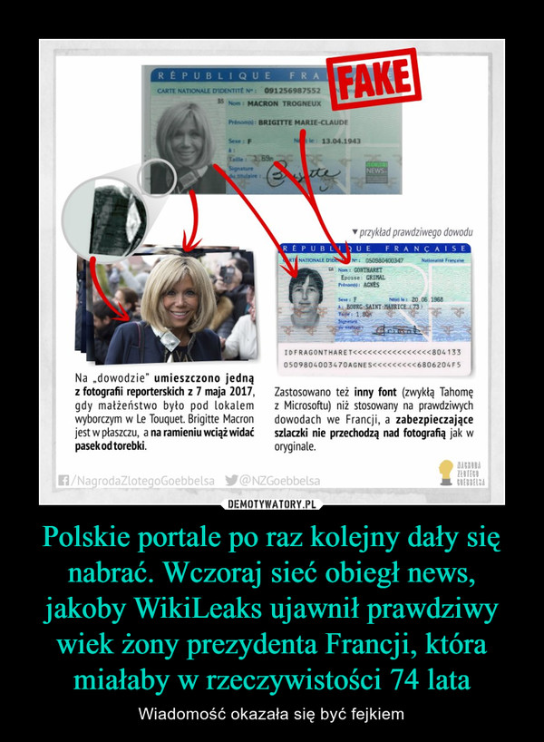 Polskie portale po raz kolejny dały się nabrać. Wczoraj sieć obiegł news, jakoby WikiLeaks ujawnił prawdziwy wiek żony prezydenta Francji, która miałaby w rzeczywistości 74 lata