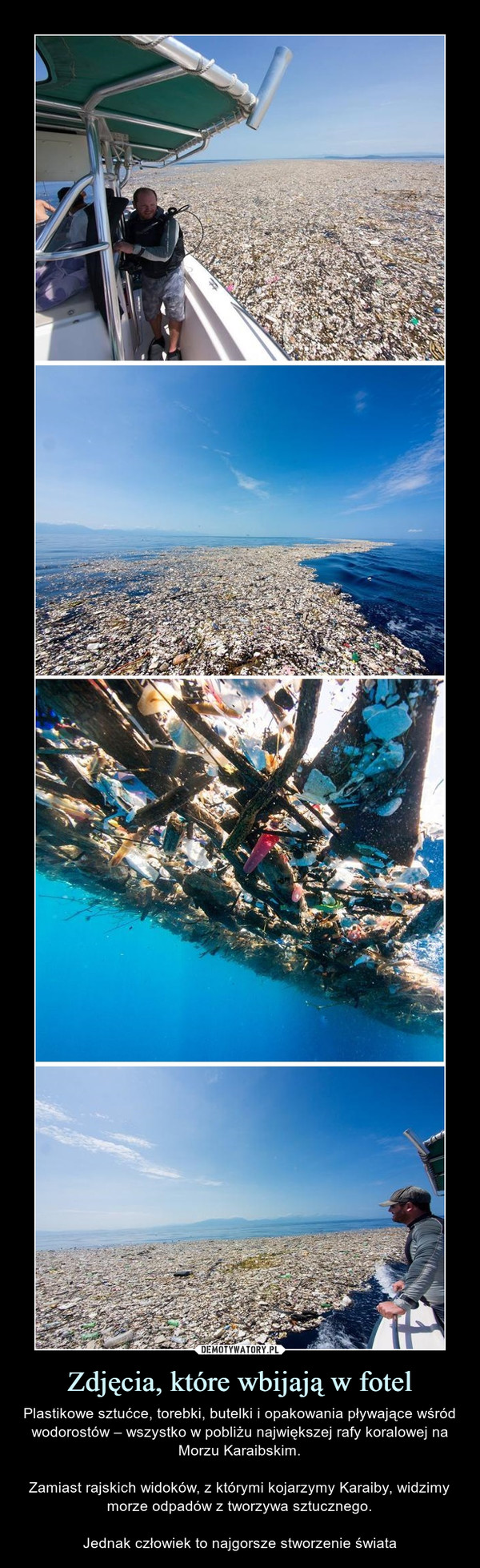 Zdjęcia, które wbijają w fotel – Plastikowe sztućce, torebki, butelki i opakowania pływające wśród wodorostów – wszystko w pobliżu największej rafy koralowej na Morzu Karaibskim.Zamiast rajskich widoków, z którymi kojarzymy Karaiby, widzimy morze odpadów z tworzywa sztucznego.Jednak człowiek to najgorsze stworzenie świata 