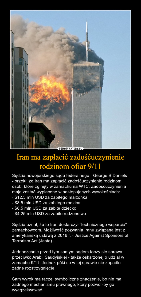 Iran ma zapłacić zadośćuczynienie rodzinom ofiar 9/11