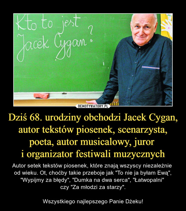 Dziś 68. urodziny obchodzi Jacek Cygan, autor tekstów piosenek, scenarzysta, poeta, autor musicalowy, juror 
i organizator festiwali muzycznych