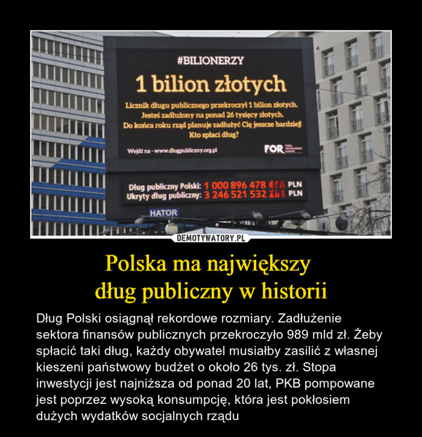 Polska ma największy dług publiczny w historii – Dług Polski osiągnął rekordowe rozmiary. Zadłużenie sektora finansów publicznych przekroczyło 989 mld zł. Żeby spłacić taki dług, każdy obywatel musiałby zasilić z własnej kieszeni państwowy budżet o około 26 tys. zł. Stopa inwestycji jest najniższa od ponad 20 lat, PKB pompowane jest poprzez wysoką konsumpcję, która jest pokłosiem dużych wydatków socjalnych rządu 
