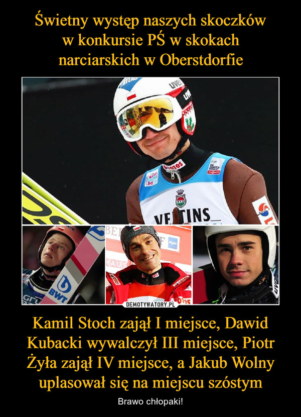 Świetny występ naszych skoczków
w konkursie PŚ w skokach
narciarskich w Oberstdorfie Kamil Stoch zajął I miejsce, Dawid Kubacki wywalczył III miejsce, Piotr Żyła zajął IV miejsce, a Jakub Wolny uplasował się na miejscu szóstym