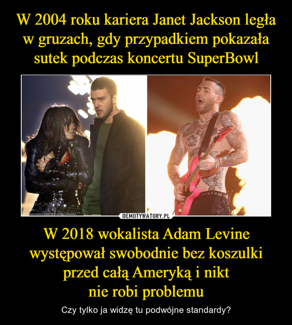 W 2018 wokalista Adam Levine występował swobodnie bez koszulki przed całą Ameryką i niktnie robi problemu – Czy tylko ja widzę tu podwójne standardy? 