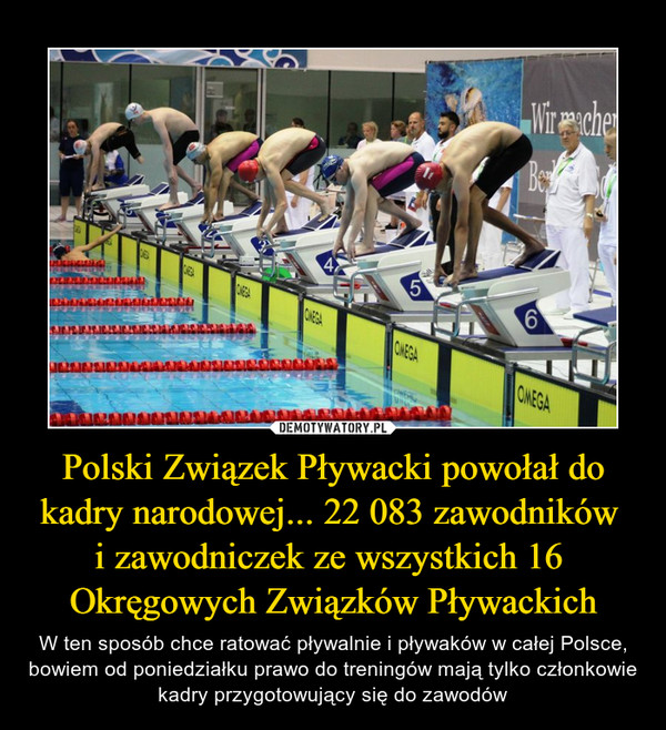 Polski Związek Pływacki powołał do kadry narodowej... 22 083 zawodników i zawodniczek ze wszystkich 16 Okręgowych Związków Pływackich – W ten sposób chce ratować pływalnie i pływaków w całej Polsce, bowiem od poniedziałku prawo do treningów mają tylko członkowie kadry przygotowujący się do zawodów 