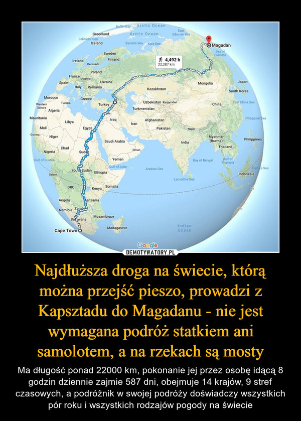 Najdłuższa droga na świecie, którą można przejść pieszo, prowadzi z Kapsztadu do Magadanu - nie jest wymagana podróż statkiem ani samolotem, a na rzekach są mosty