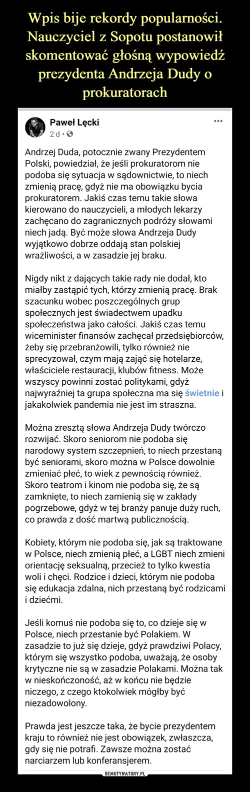 Wpis bije rekordy popularności. Nauczyciel z Sopotu postanowił skomentować głośną wypowiedź prezydenta Andrzeja Dudy o prokuratorach