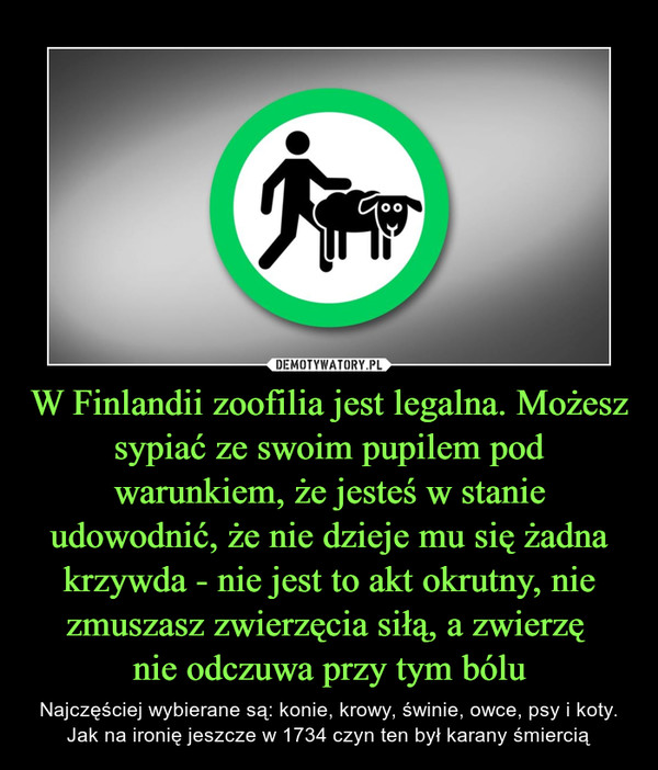 W Finlandii zoofilia jest legalna. Możesz sypiać ze swoim pupilem pod warunkiem, że jesteś w stanie udowodnić, że nie dzieje mu się żadna krzywda - nie jest to akt okrutny, nie zmuszasz zwierzęcia siłą, a zwierzę nie odczuwa przy tym bólu – Najczęściej wybierane są: konie, krowy, świnie, owce, psy i koty. Jak na ironię jeszcze w 1734 czyn ten był karany śmiercią 