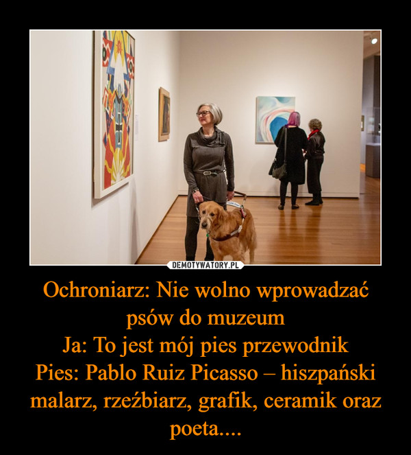 Ochroniarz: Nie wolno wprowadzać psów do muzeumJa: To jest mój pies przewodnikPies: Pablo Ruiz Picasso – hiszpański malarz, rzeźbiarz, grafik, ceramik oraz poeta.... –  