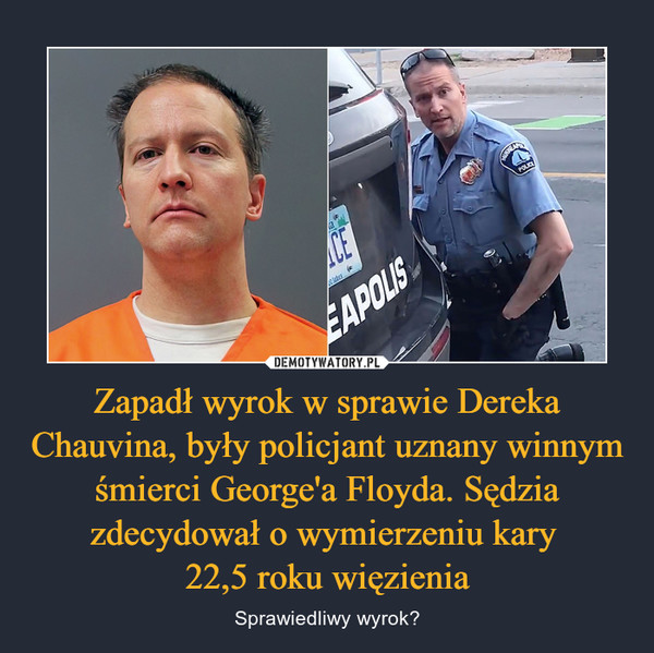 Zapadł wyrok w sprawie Dereka Chauvina, były policjant uznany winnym śmierci George'a Floyda. Sędzia zdecydował o wymierzeniu kary 22,5 roku więzienia – Sprawiedliwy wyrok? 