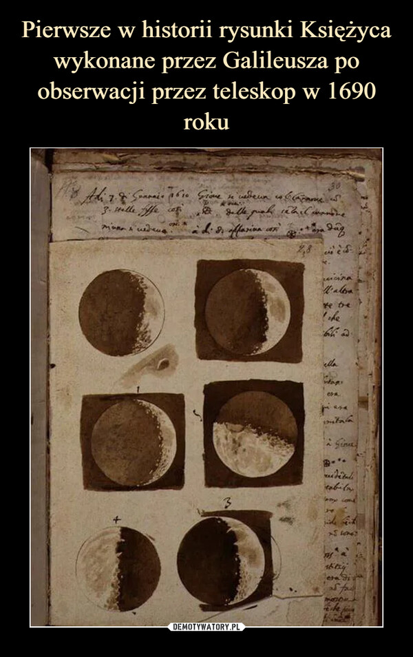 Pierwsze w historii rysunki Księżyca wykonane przez Galileusza po obserwacji przez teleskop w 1690 roku