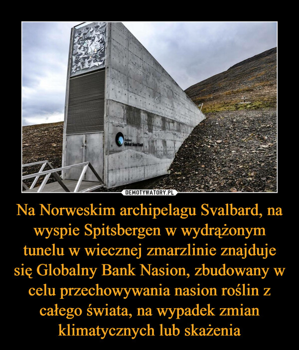 Na Norweskim archipelagu Svalbard, na wyspie Spitsbergen w wydrążonym tunelu w wiecznej zmarzlinie znajduje się Globalny Bank Nasion, zbudowany w celu przechowywania nasion roślin z całego świata, na wypadek zmian klimatycznych lub skażenia