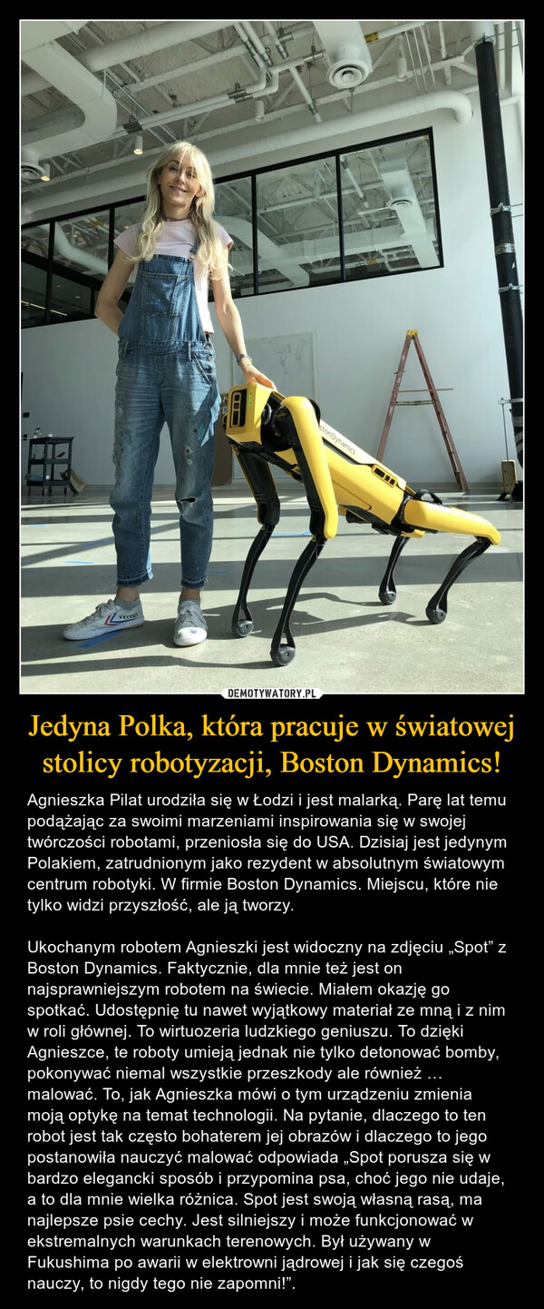 Jedyna Polka, która pracuje w światowej stolicy robotyzacji, Boston Dynamics! – Agnieszka Pilat urodziła się w Łodzi i jest malarką. Parę lat temu podążając za swoimi marzeniami inspirowania się w swojej twórczości robotami, przeniosła się do USA. Dzisiaj jest jedynym Polakiem, zatrudnionym jako rezydent w absolutnym światowym centrum robotyki. W firmie Boston Dynamics. Miejscu, które nie tylko widzi przyszłość, ale ją tworzy.Ukochanym robotem Agnieszki jest widoczny na zdjęciu „Spot” z Boston Dynamics. Faktycznie, dla mnie też jest on najsprawniejszym robotem na świecie. Miałem okazję go spotkać. Udostępnię tu nawet wyjątkowy materiał ze mną i z nim w roli głównej. To wirtuozeria ludzkiego geniuszu. To dzięki Agnieszce, te roboty umieją jednak nie tylko detonować bomby, pokonywać niemal wszystkie przeszkody ale również … malować. To, jak Agnieszka mówi o tym urządzeniu zmienia moją optykę na temat technologii. Na pytanie, dlaczego to ten robot jest tak często bohaterem jej obrazów i dlaczego to jego postanowiła nauczyć malować odpowiada „Spot porusza się w bardzo elegancki sposób i przypomina psa, choć jego nie udaje, a to dla mnie wielka różnica. Spot jest swoją własną rasą, ma najlepsze psie cechy. Jest silniejszy i może funkcjonować w ekstremalnych warunkach terenowych. Był używany w Fukushima po awarii w elektrowni jądrowej i jak się czegoś nauczy, to nigdy tego nie zapomni!”. 