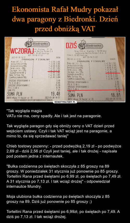 Ekonomista Rafał Mudry pokazał dwa paragony z Biedronki. Dzień przed obniżką VAT