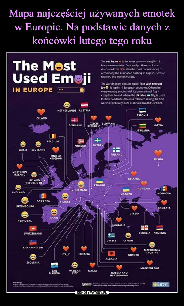Mapa najczęściej używanych emotek w Europie. Na podstawie danych z końcówki lutego tego roku