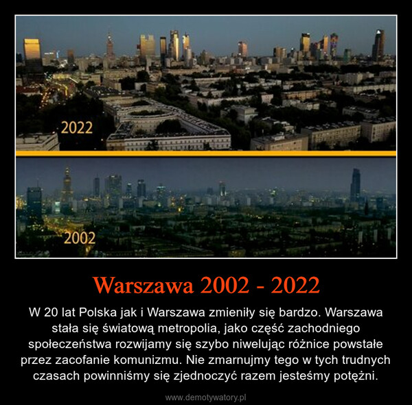 Warszawa 2002 - 2022 – W 20 lat Polska jak i Warszawa zmieniły się bardzo. Warszawa stała się światową metropolia, jako część zachodniego społeczeństwa rozwijamy się szybo niwelując różnice powstałe przez zacofanie komunizmu. Nie zmarnujmy tego w tych trudnych czasach powinniśmy się zjednoczyć razem jesteśmy potężni. 