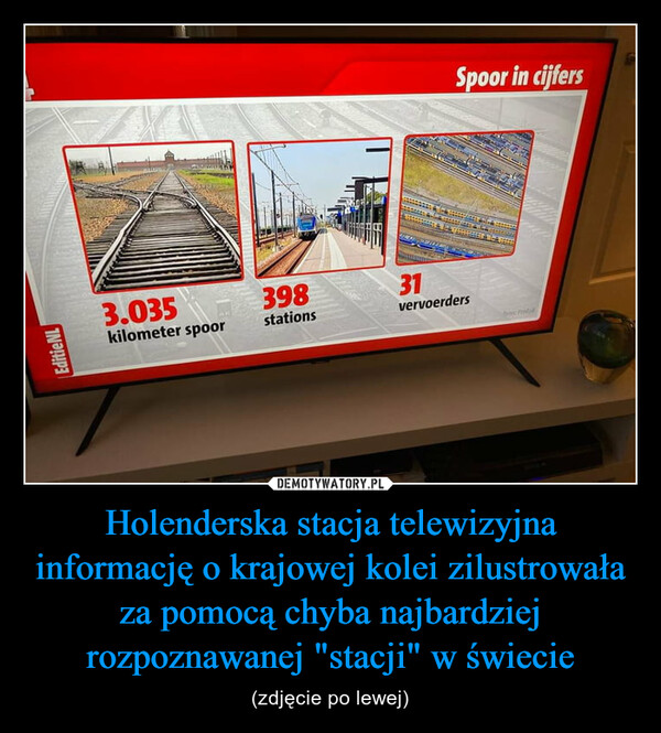 Holenderska stacja telewizyjna informację o krajowej kolei zilustrowała za pomocą chyba najbardziej rozpoznawanej "stacji" w świecie – (zdjęcie po lewej) Editie NL3.035 398kilometer spoorstationsSpoor in cijfers31vervoerdersfrontal