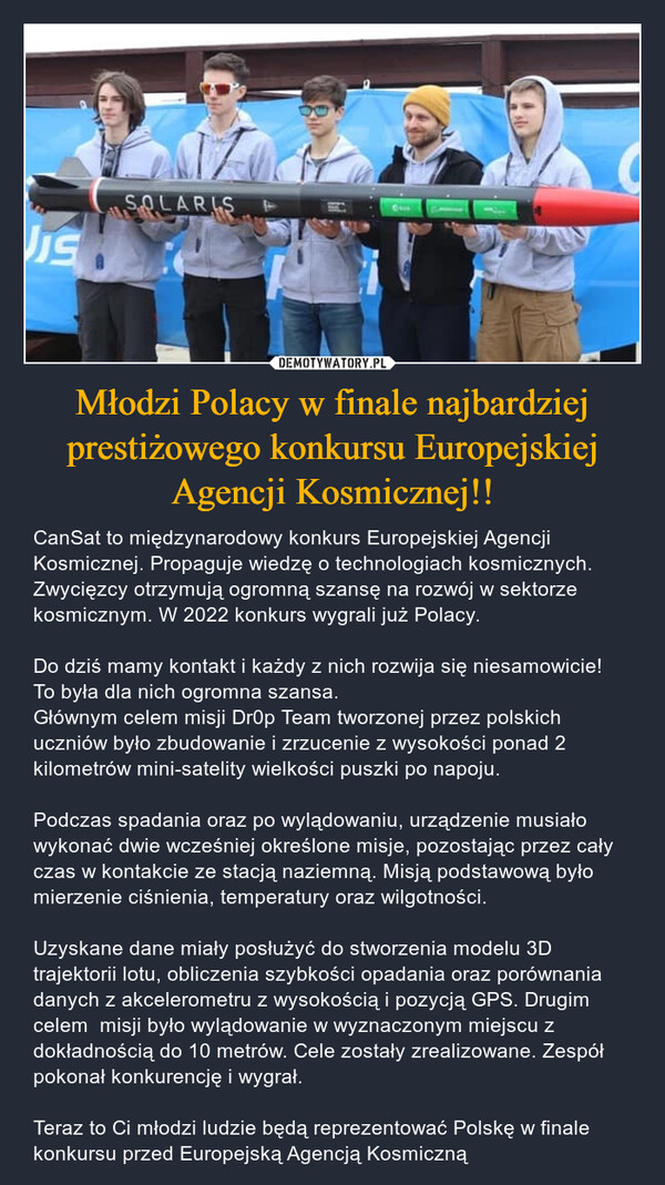 Młodzi Polacy w finale najbardziej prestiżowego konkursu Europejskiej Agencji Kosmicznej!!