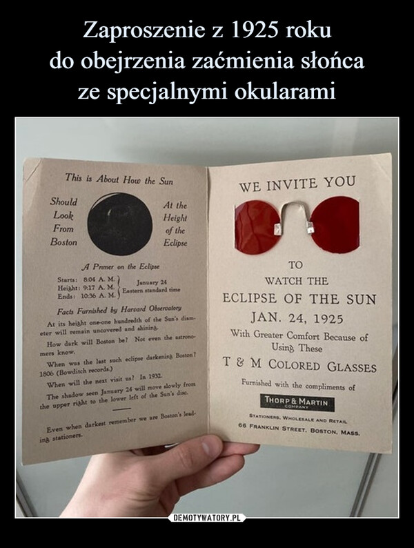 Zaproszenie z 1925 roku
do obejrzenia zaćmienia słońca
ze specjalnymi okularami