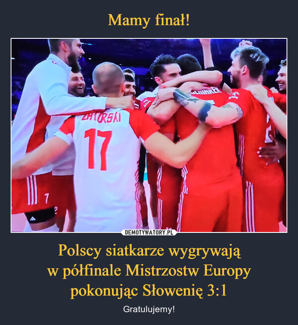 Polscy siatkarze wygrywająw półfinale Mistrzostw Europypokonując Słowenię 3:1 – Gratulujemy! LEDAA17R