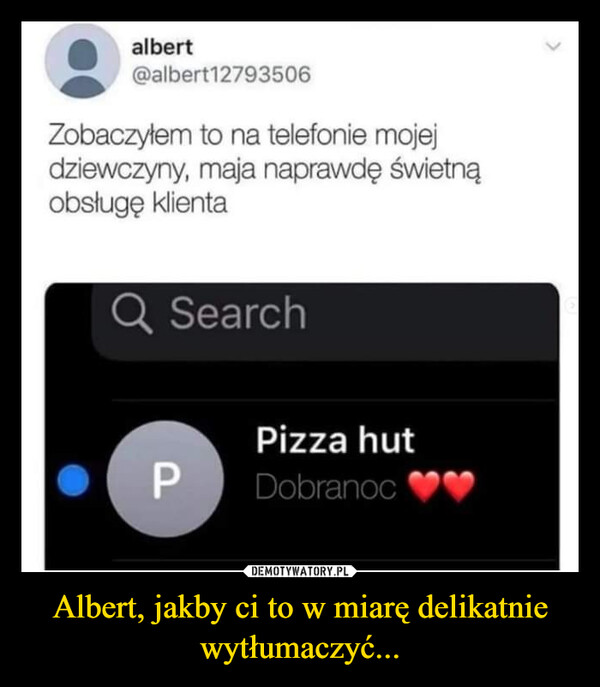Albert, jakby ci to w miarę delikatnie wytłumaczyć... –  albert@albert12793506Zobaczyłem to na telefonie mojejdziewczyny, maja naprawdę świetnąobsługę klientaQ SearchPPizza hutDobranoc ♥♥